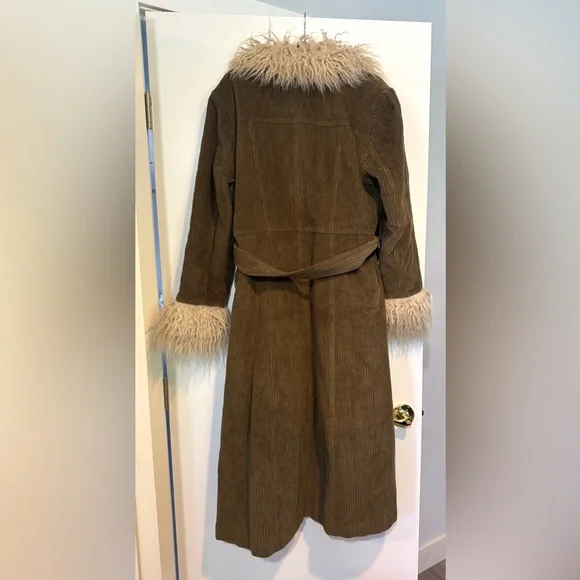 NWT Urban Outfitters Tasha Corduroy Faux Fur Trim Trench Coat Green XL - Picture 7 of 10